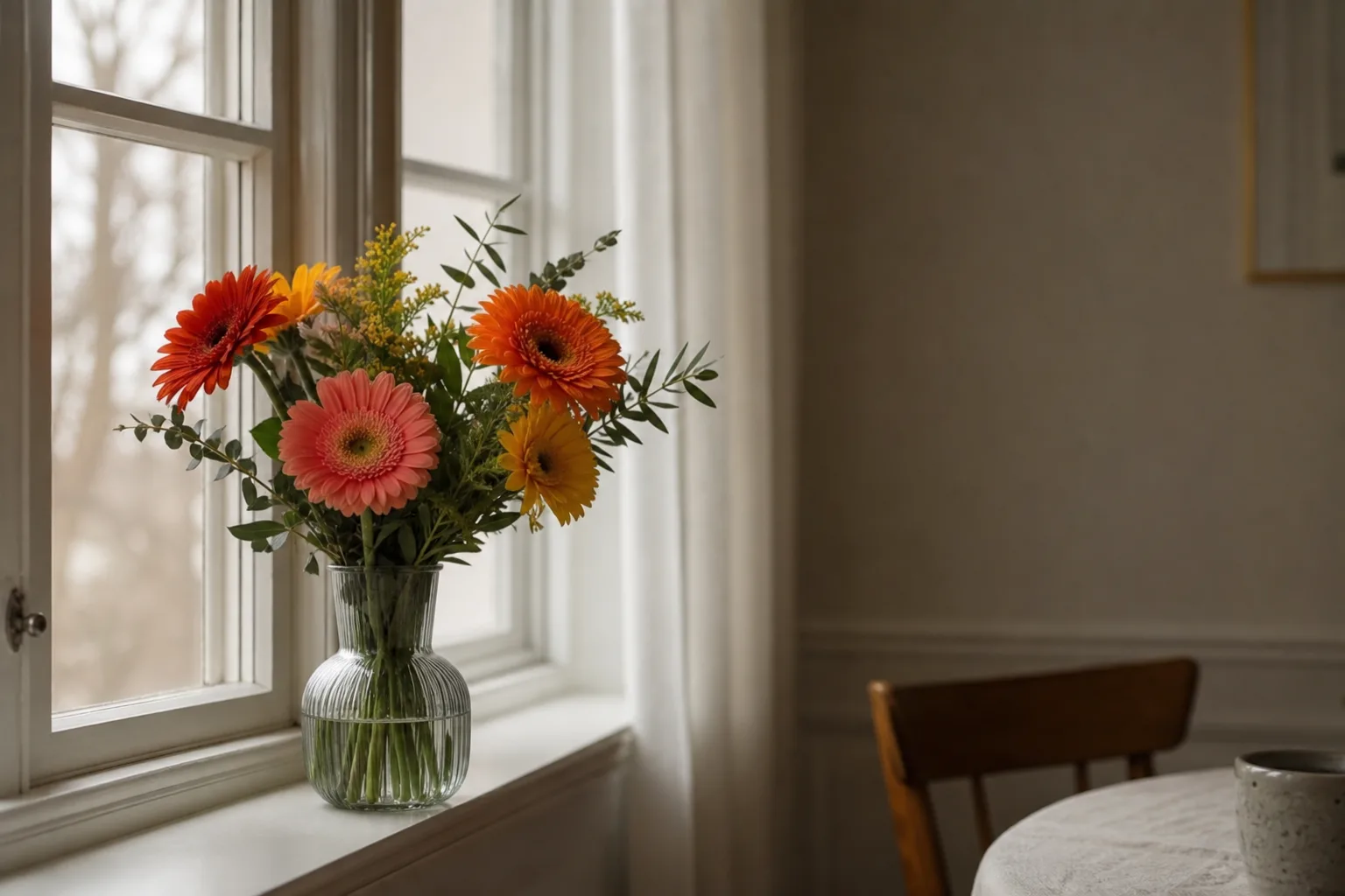 Vas med nyplockade snittblommor i olika färger på ett köksbord