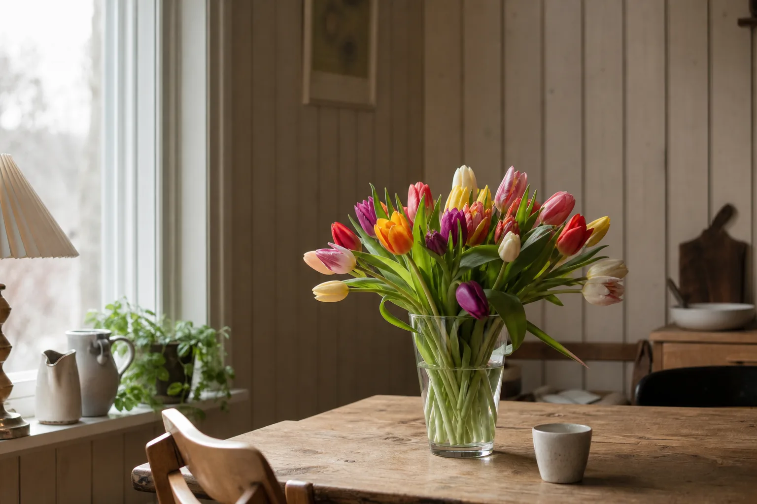 Höstfärgad bukett bunden med säckväv, fotograferad mot ljus bakgrund