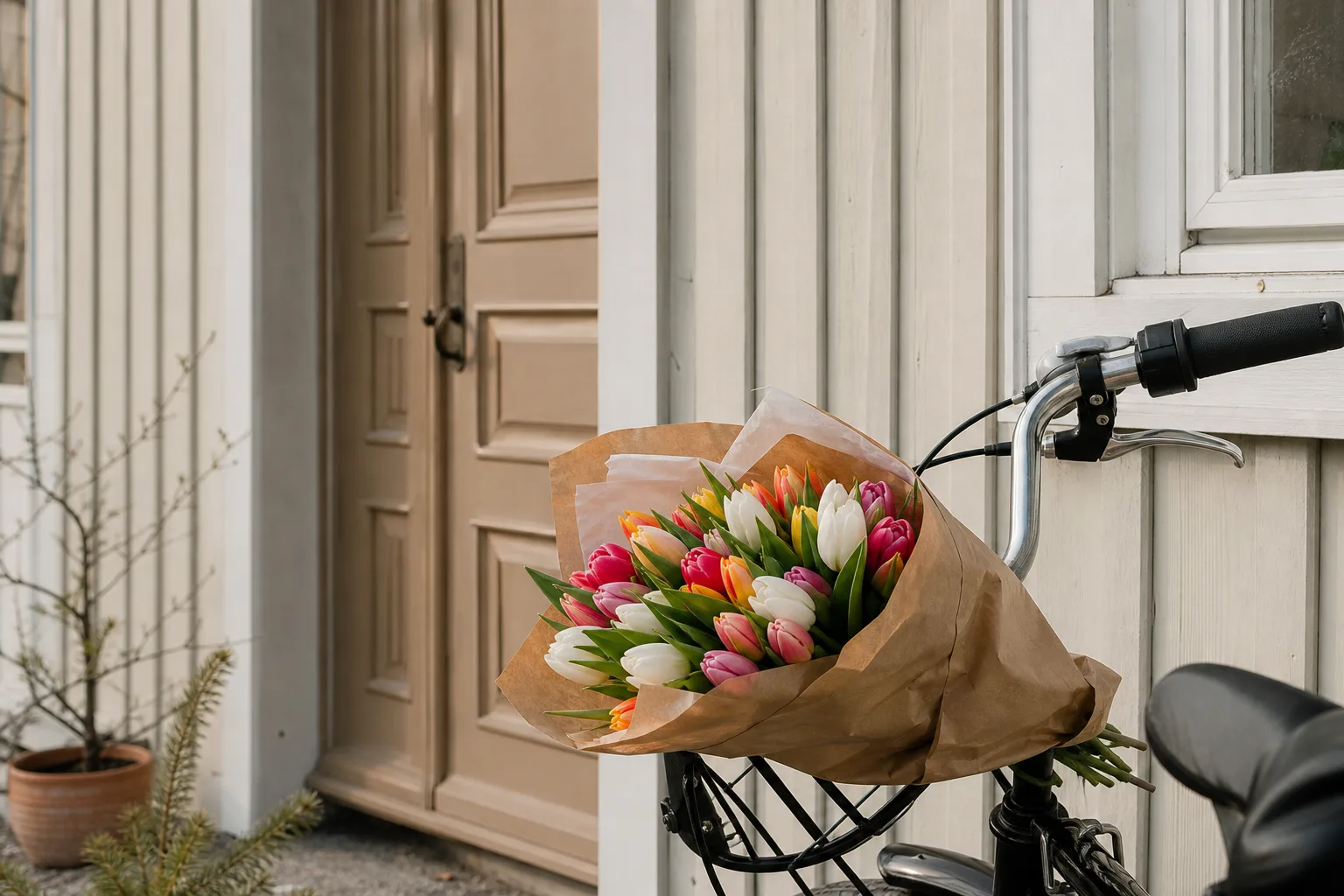 Bukett med säsongens snittblommor i neutral bakgrund