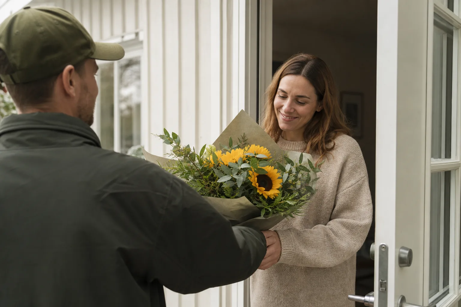 Säsongsbukett med blandade snittblommor inslagen i papper, fotograferad inomhus