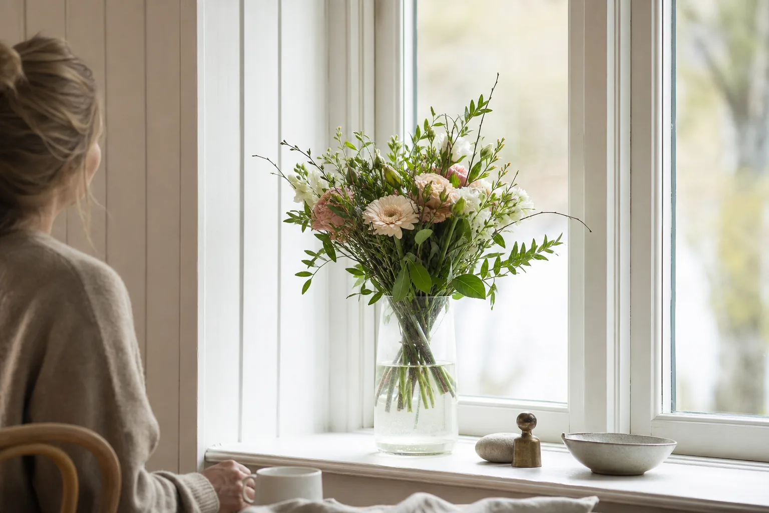 Nybunden bukett med säsongens snittblommor, fotograferad mot neutral bakgrund.