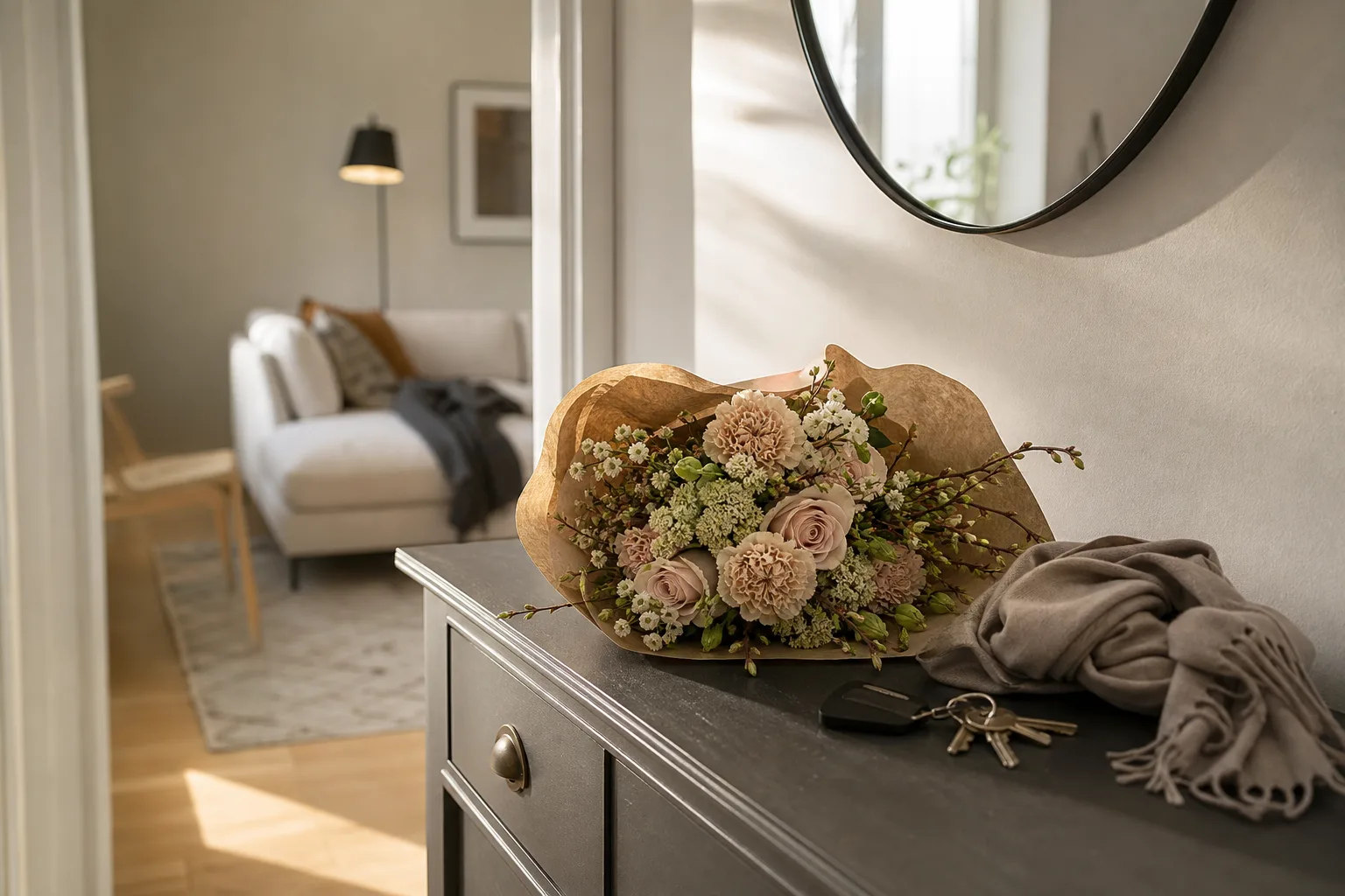 Bukett med säsongsblommor uppställd på ett bord, redo att packas