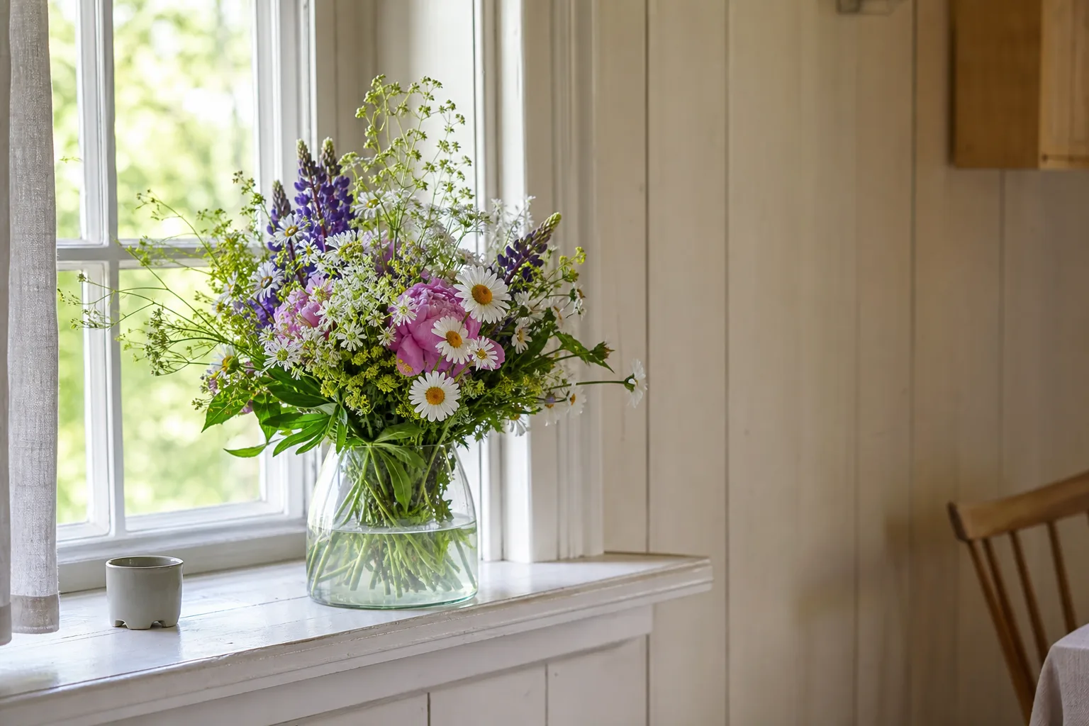 Bukett med säsongsblommor i vas, neutral bakgrund