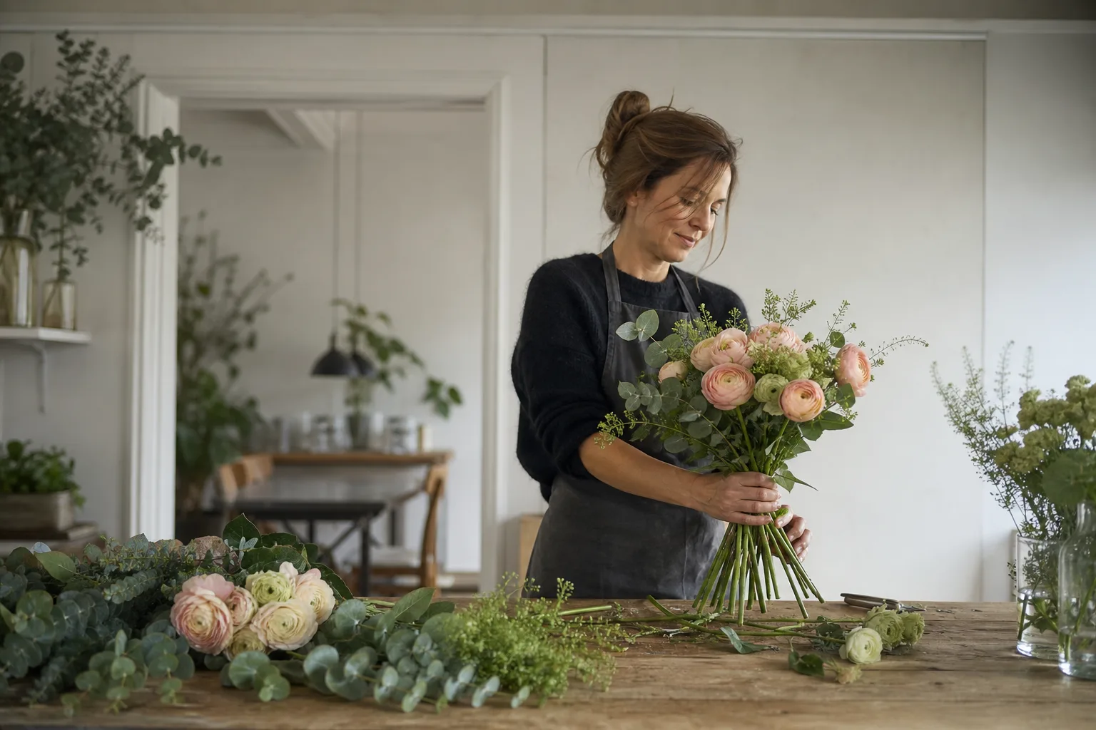 Bukett med snittblommor på ett bord, redo att packas för leverans