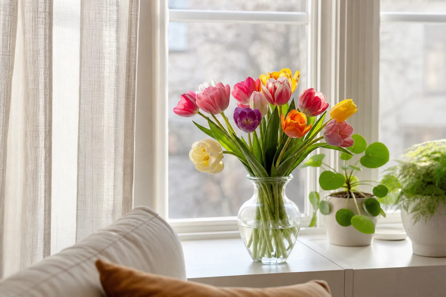 Bukett med rosa och vita snittblommor, inlindad i papper och redo att skickas