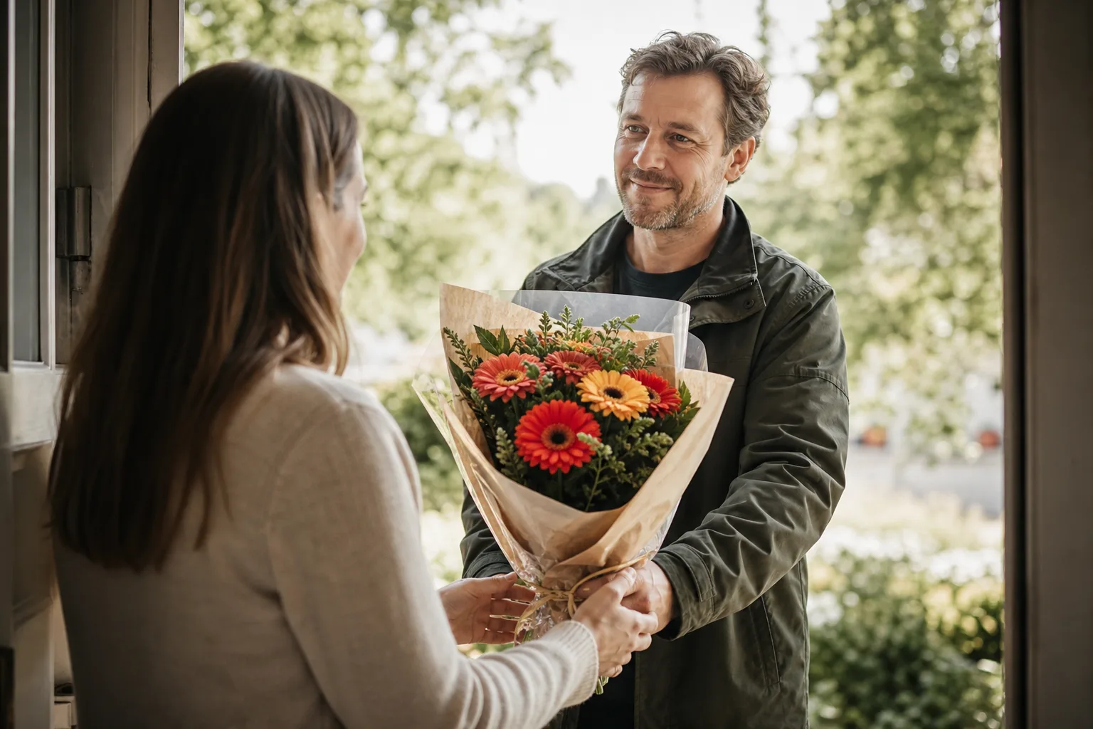 Bukett med säsongens snittblommor i omslagspapper