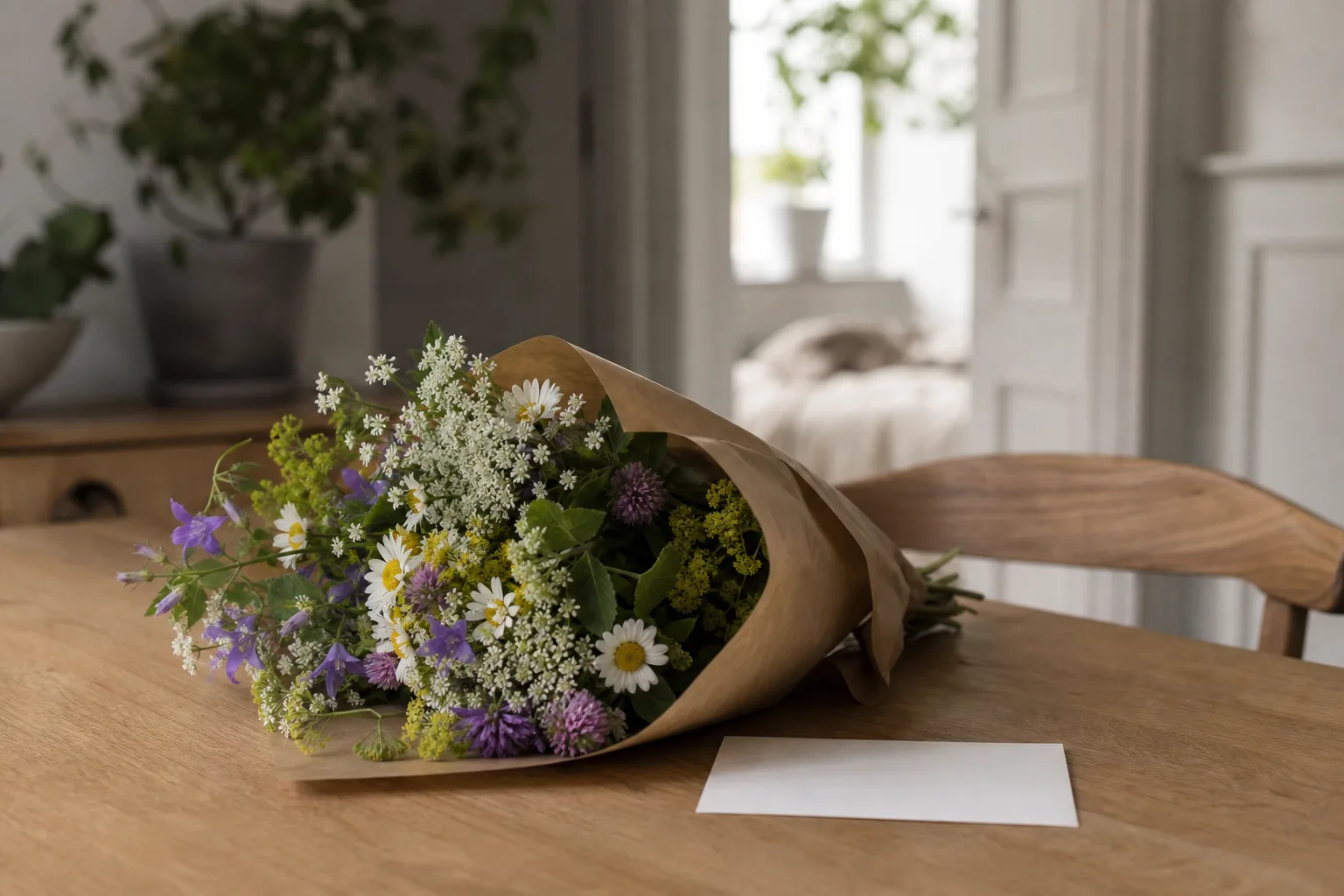 Bukett med snittblommor, inslagen i papper och klar att skickas i väg.