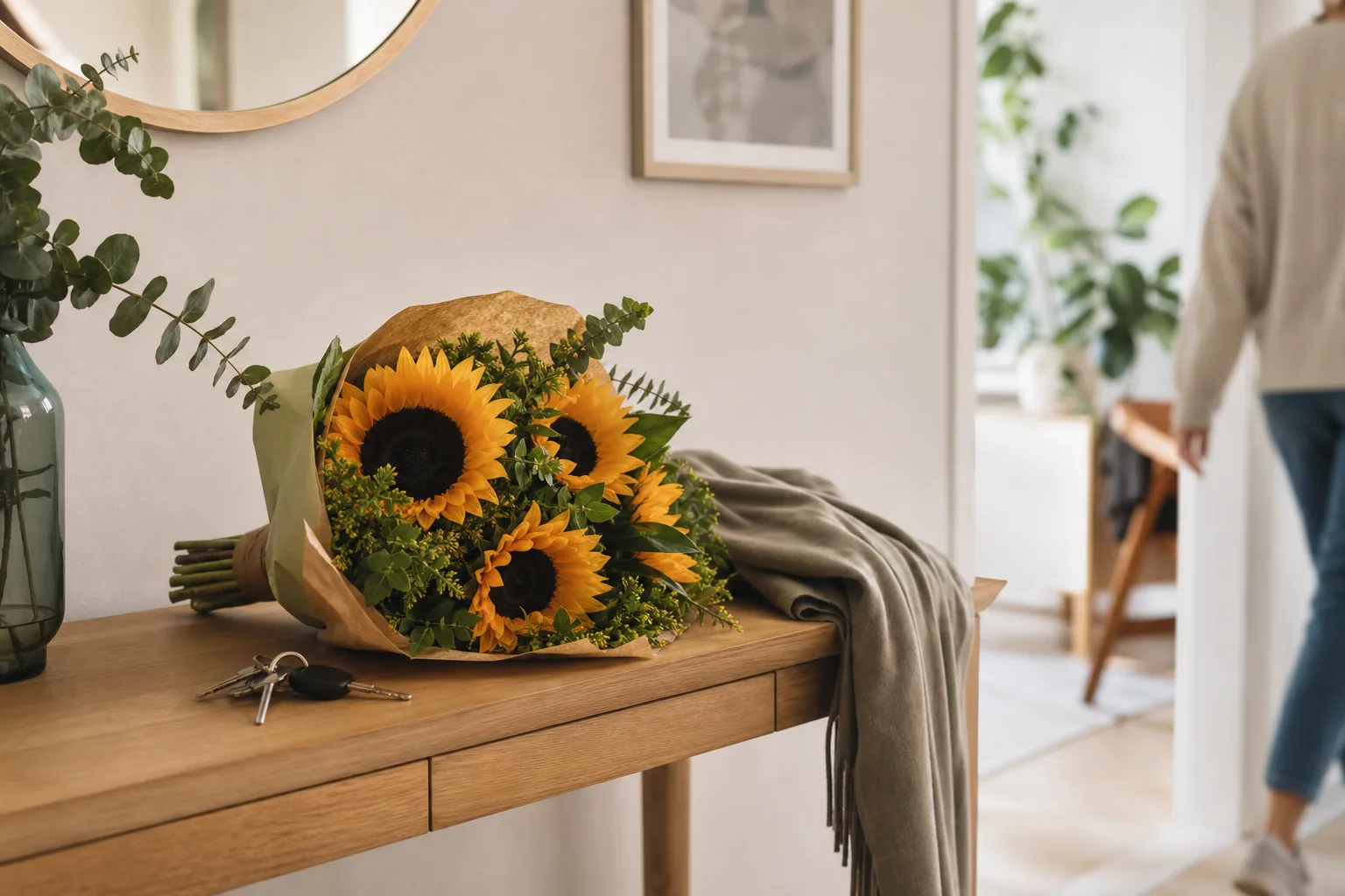 Bukett med blandade snittblommor, inslagen och klar för avhämtning