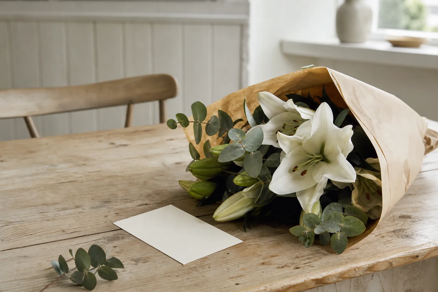 Bukett med säsongsblommor i papper, uppställd på ett bord inomhus