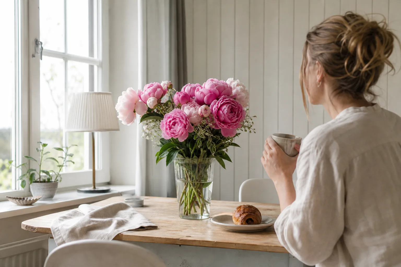 Färgstark bukett med blandade snittblommor, klar att lämnas till budet.