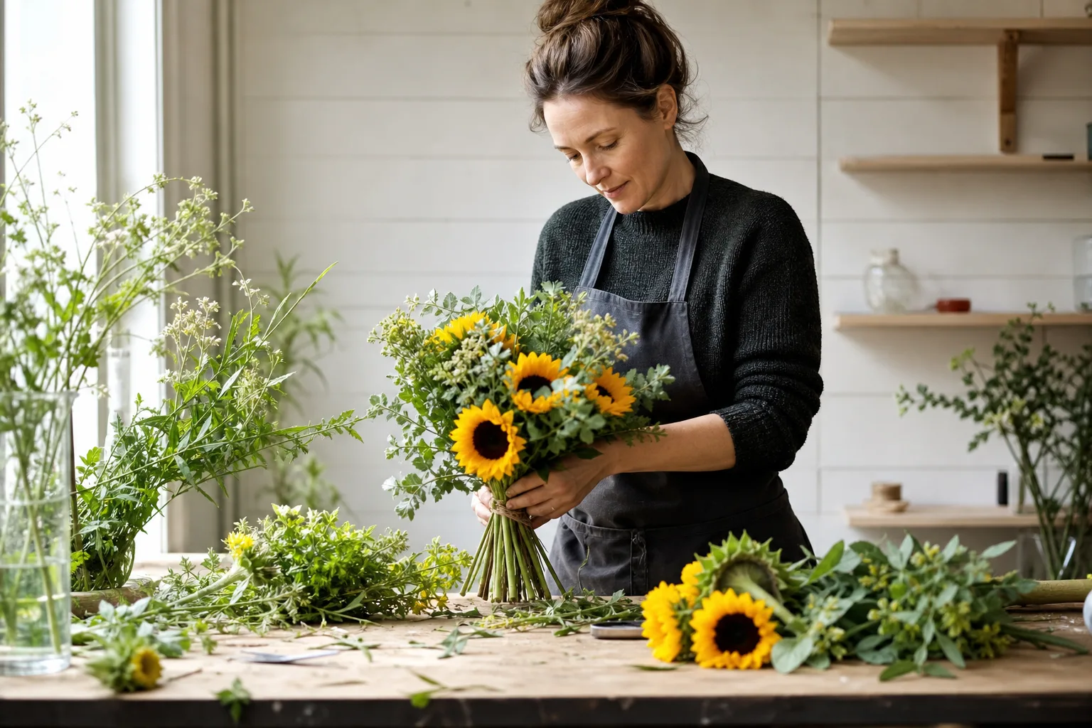 Bukett med säsongsblommor i en vas, fotograferad inomhus