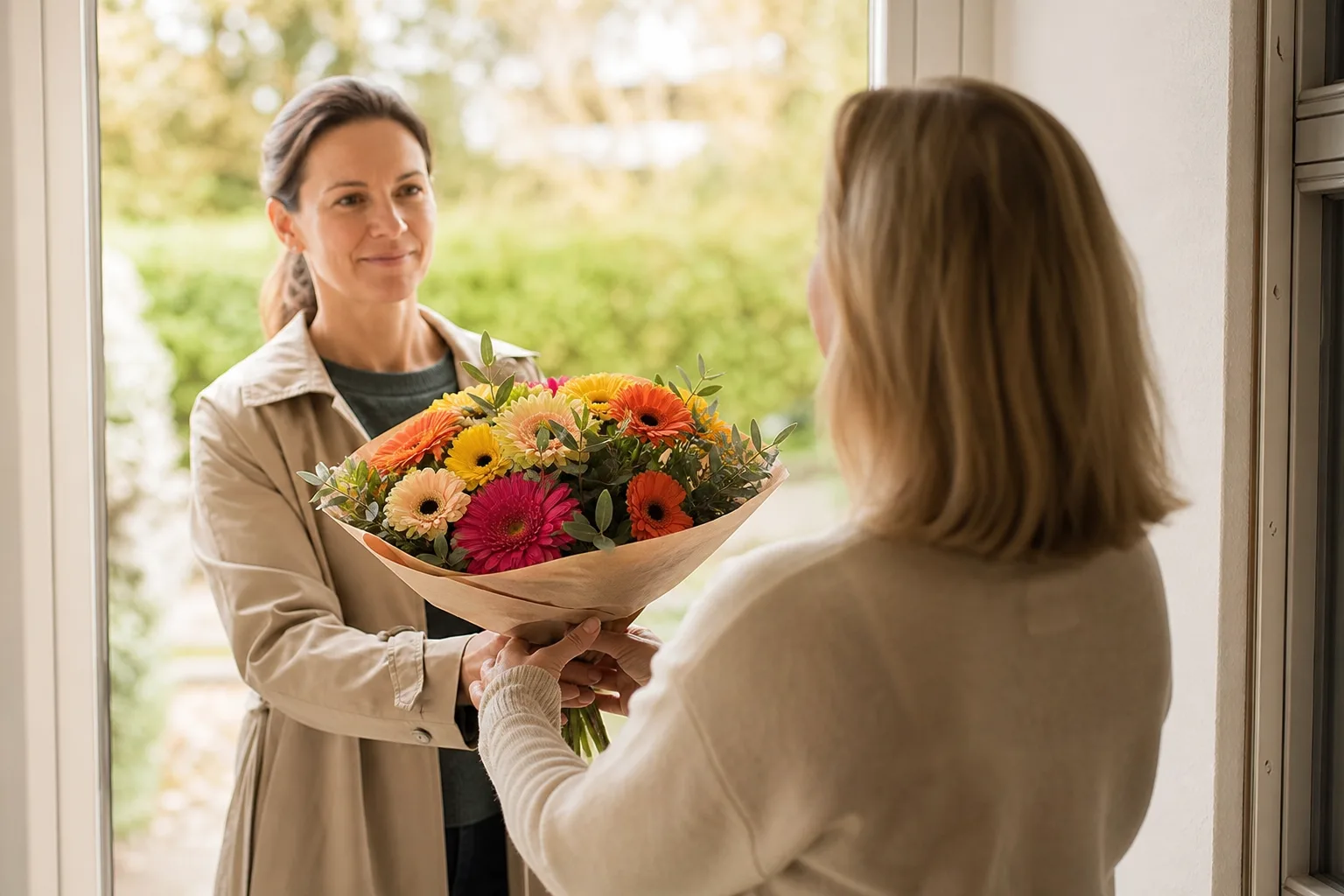 Nybunden bukett med blandade snittblommor
