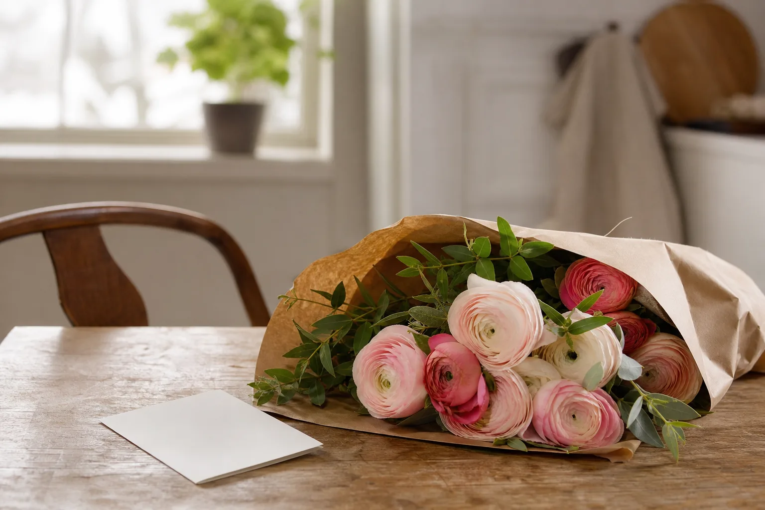 Bukett med säsongens snittblommor i papper, nybunden och redo att skickas iväg.
