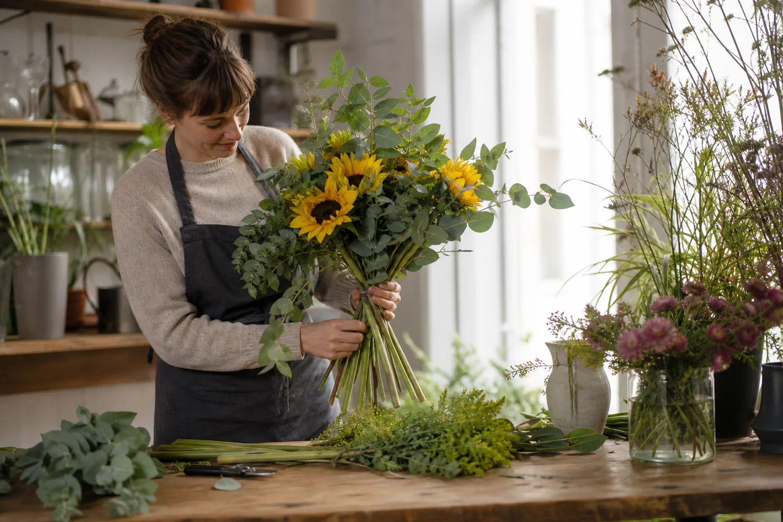 Blomsterbukett med gröna blad och säsongsblommor, placerad på ett träbord