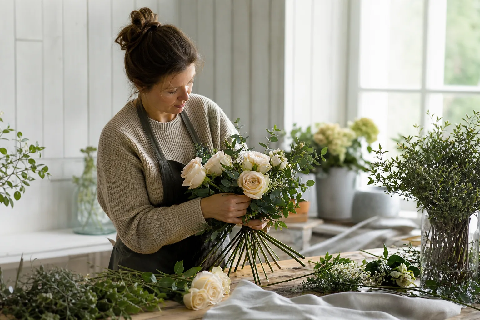 Snittblommor i pastellfärger samlade i en bukett mot en ljus bakgrund