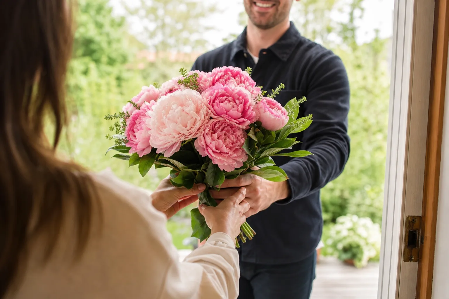 Bukett med rosa och vita snittblommor, uppradade inför leverans