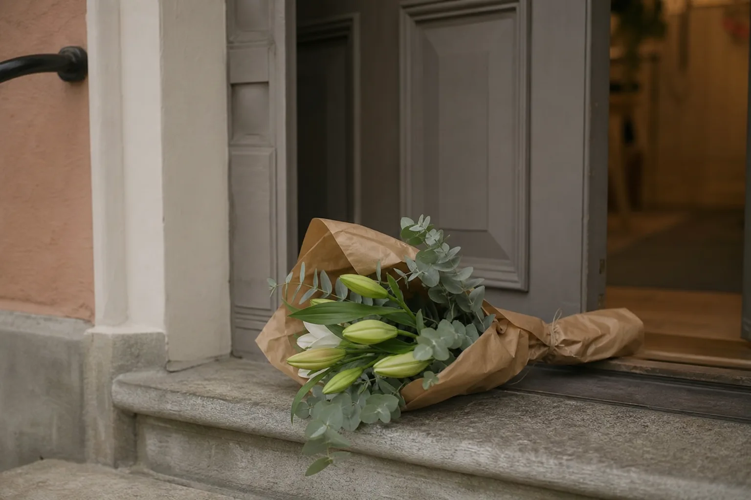 Blombukett i papper som står redo på en bänk inomhus