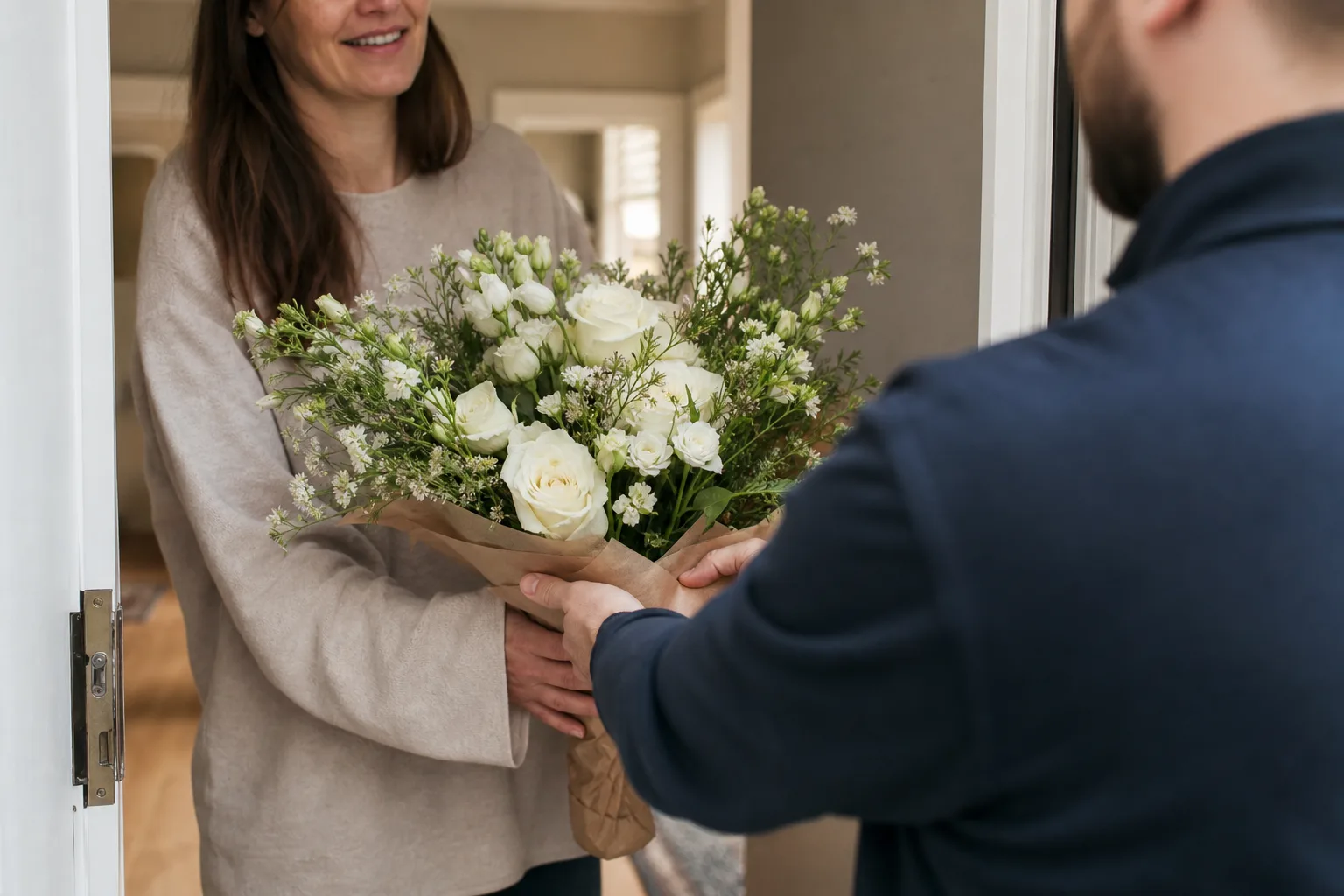 Bukett med blandade säsongsblommor, nybunden och inslagen i papper