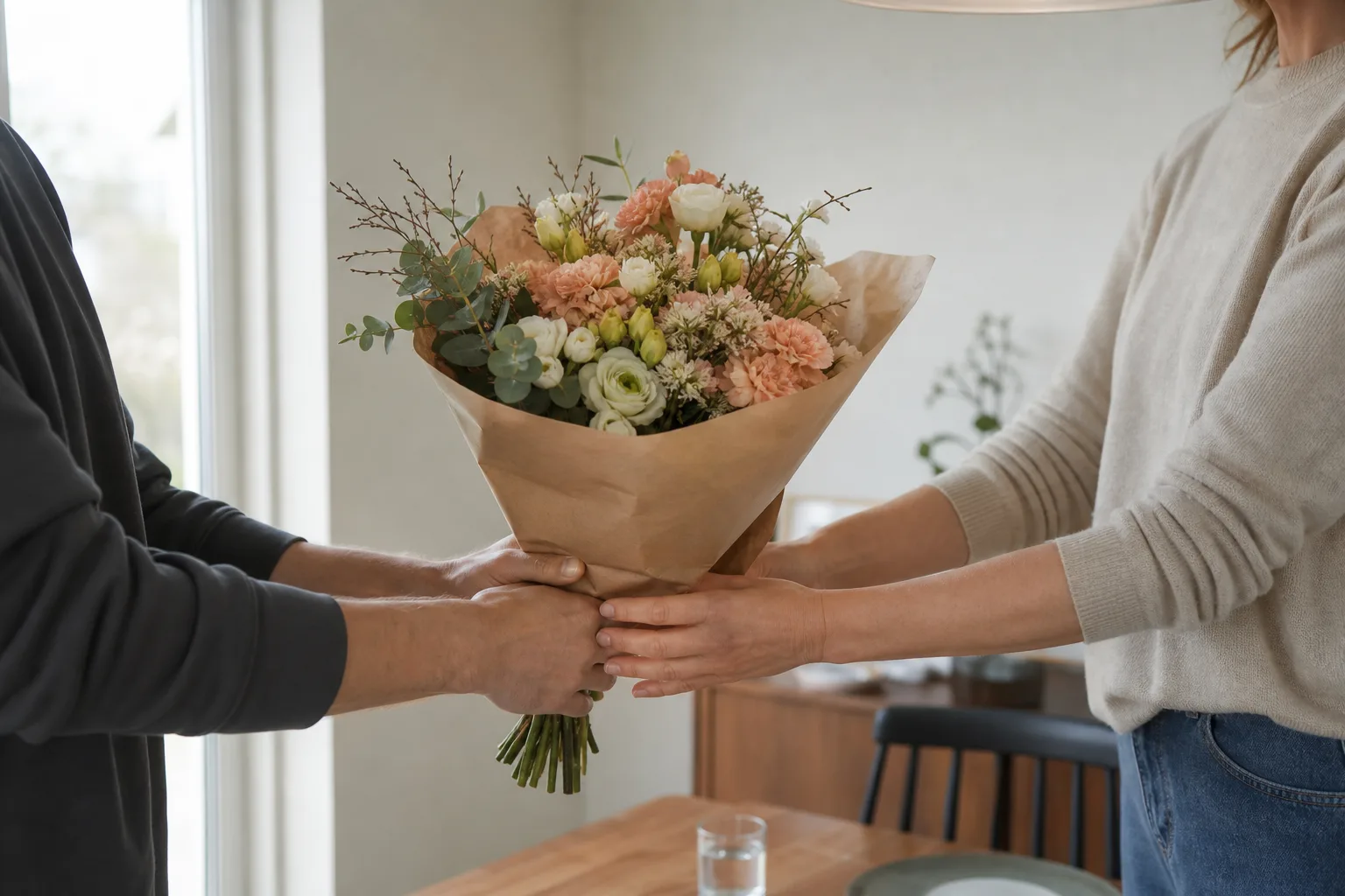 Enkel bukett med vita blommor och grönt, insvept i papper inför leverans.