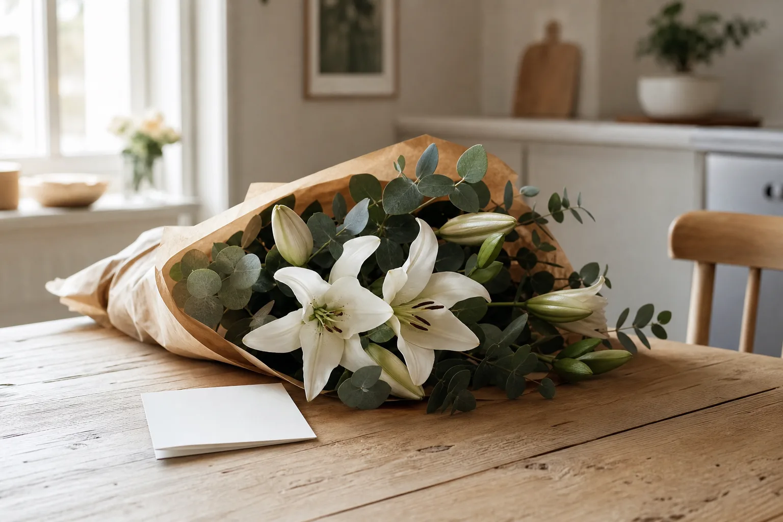 Blomsterbukett i varma färger, fotograferad mot enkel bakgrund.