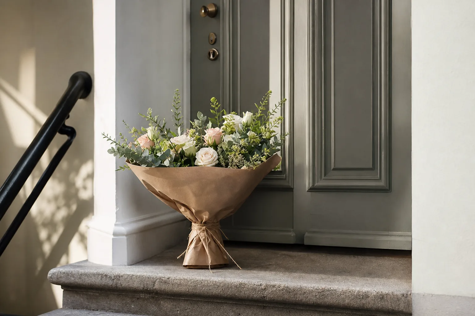 Bukett med snittblommor, redo att skickas som blombud