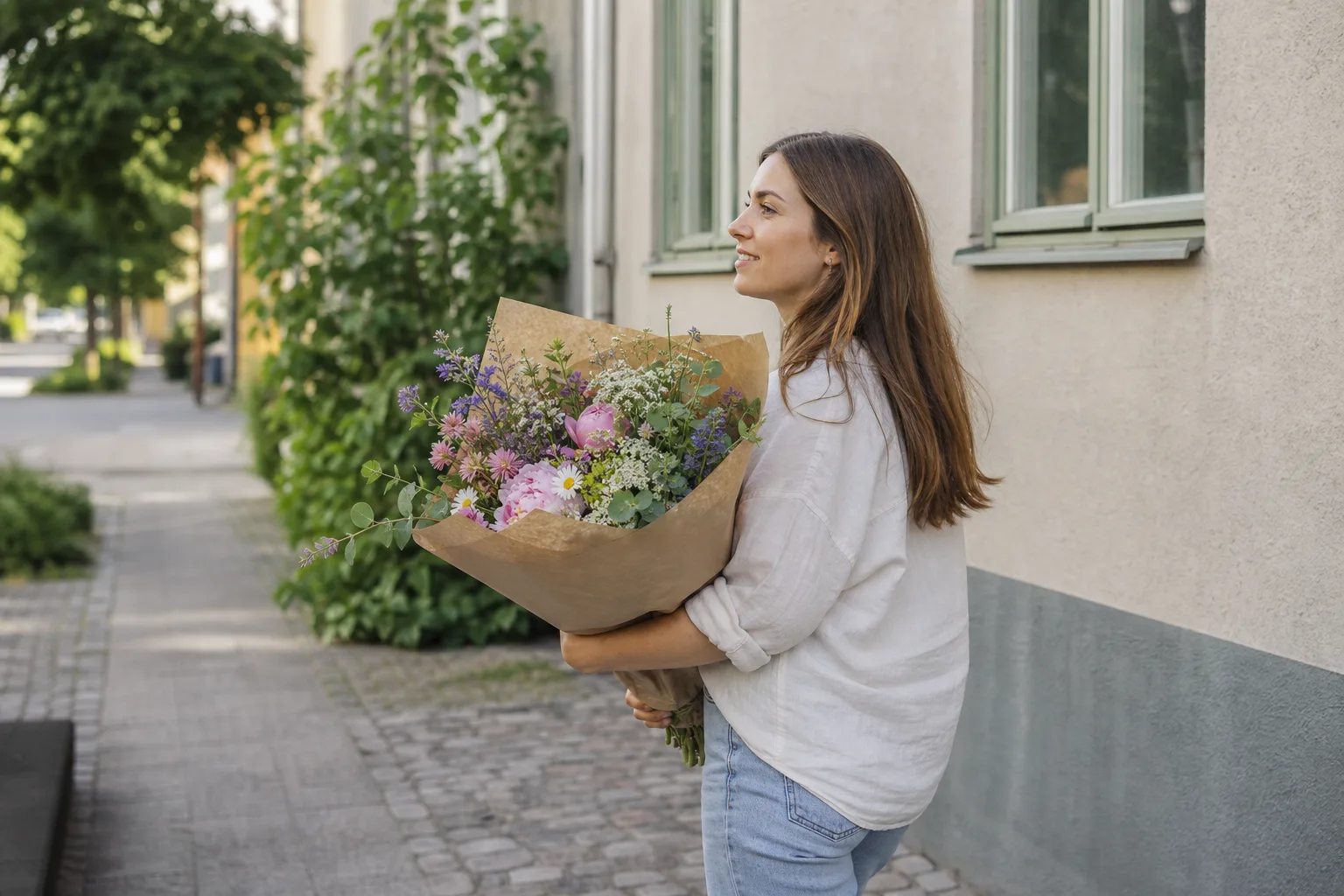 Bukett med blandade snittblommor, packad för transport
