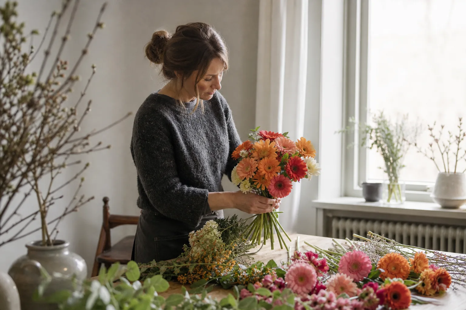 Bukett med säsongens snittblommor, nybunden och klar att skickas