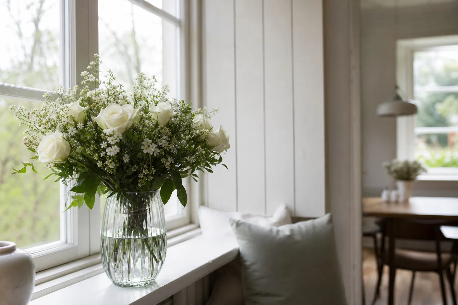 Bukett med blandade snittblommor mot en ljus bakgrund