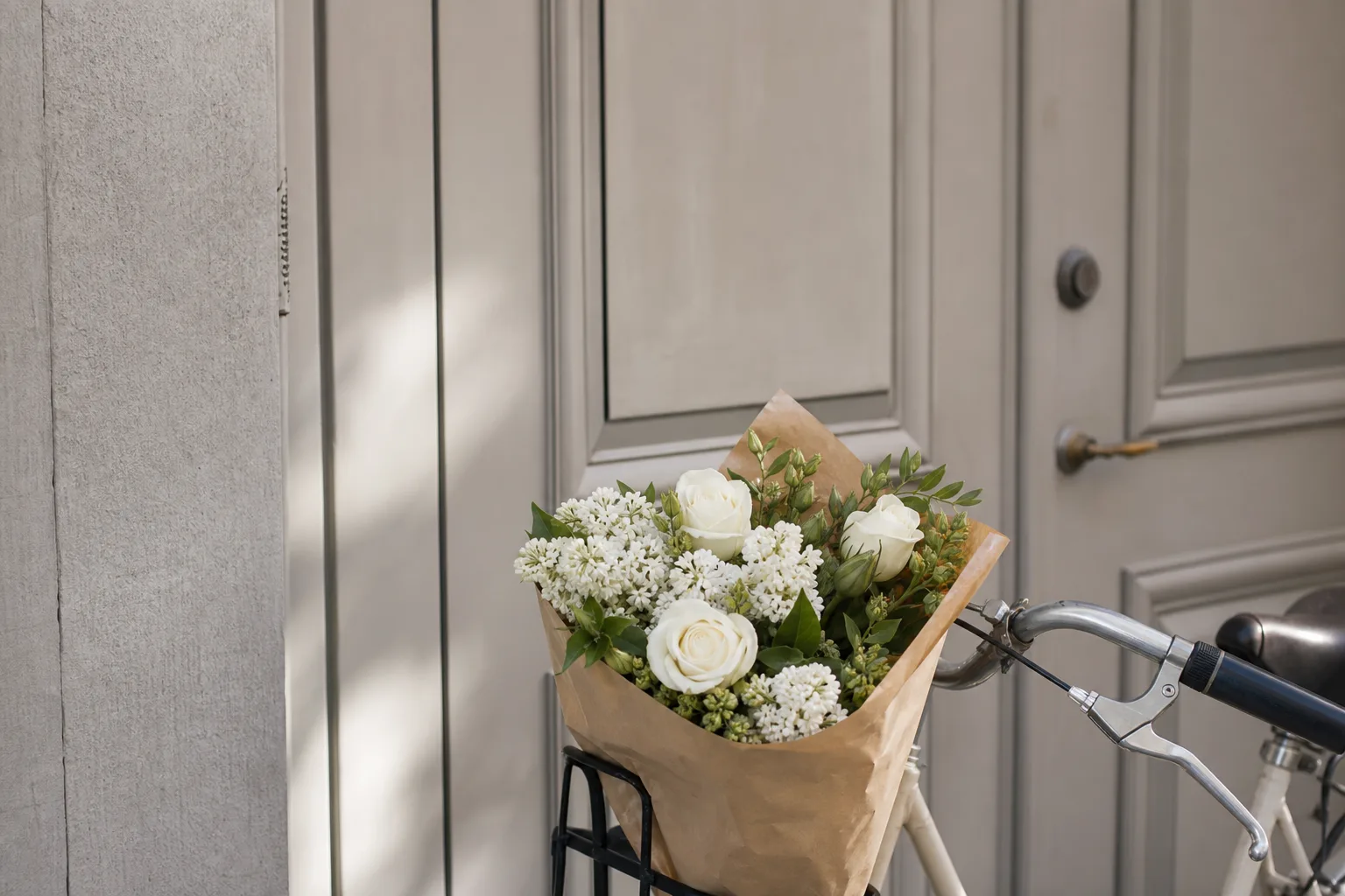 Bukett med blandade snittblommor inslagna i papper, fotograferad mot neutral bakgrund