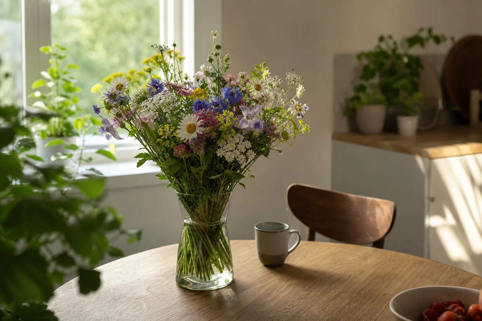 Färgstark bukett med blandade snittblommor, inslagen och redo att skickas med bud.