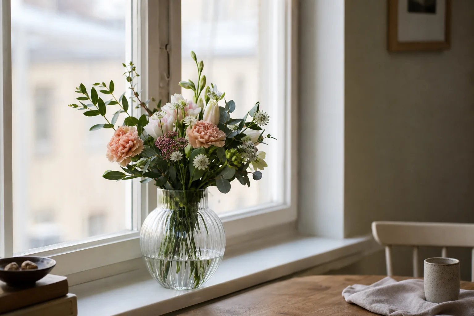 Uppbunden bukett med säsongsblommor, fotograferad inomhus inför leverans