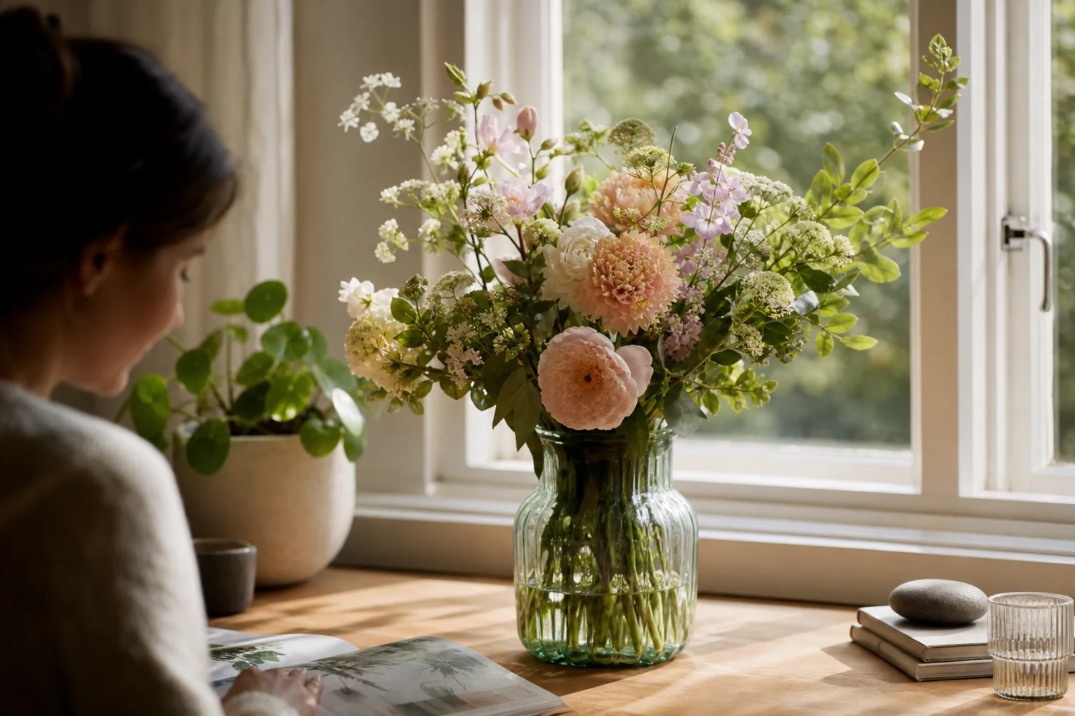 Enkel bukett med säsongsblommor, uppställd på ett bord inför leverans.