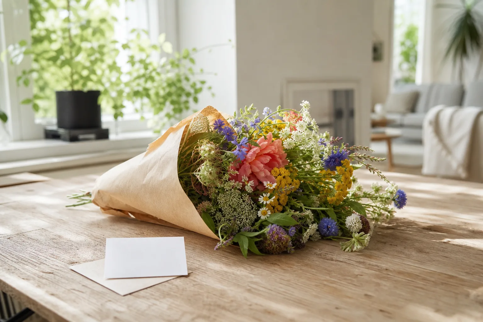 Bukett med blandade säsongsblommor inslagen i papper, fotograferad mot ljus bakgrund.