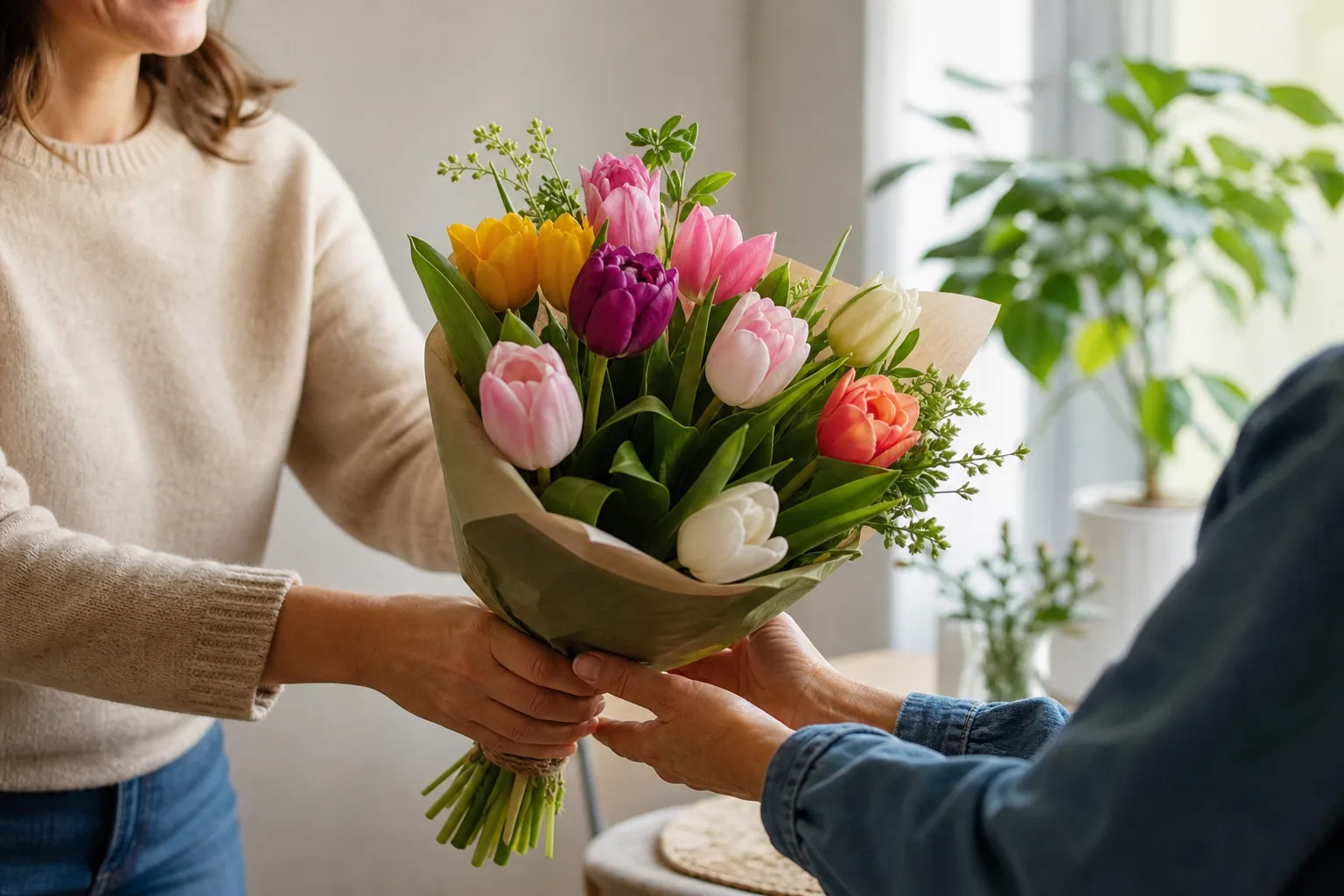 Bukett med sommarblommor, bunden med snöre mot en ljus bakgrund