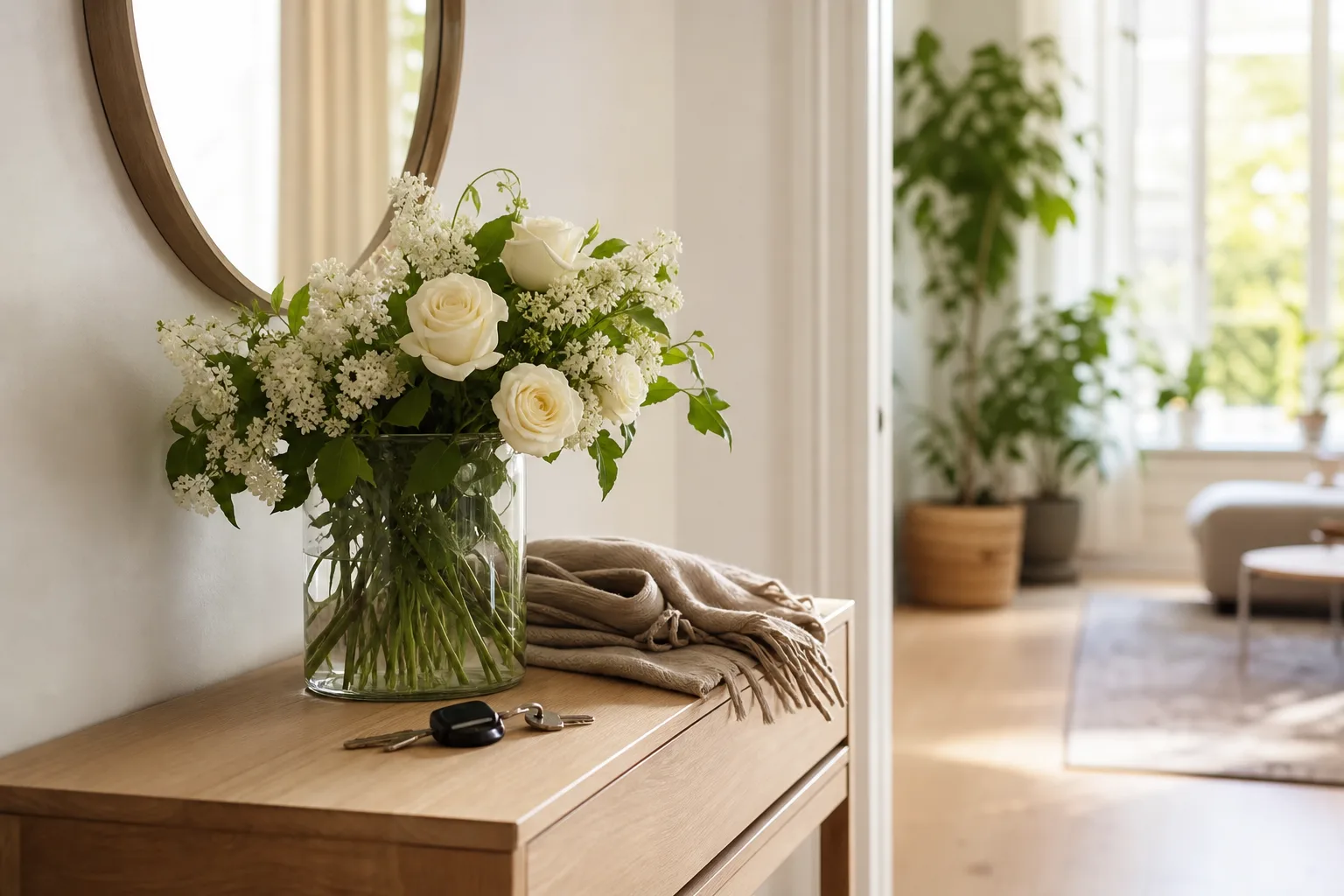 Bukett med blandade snittblommor inslagen i papper