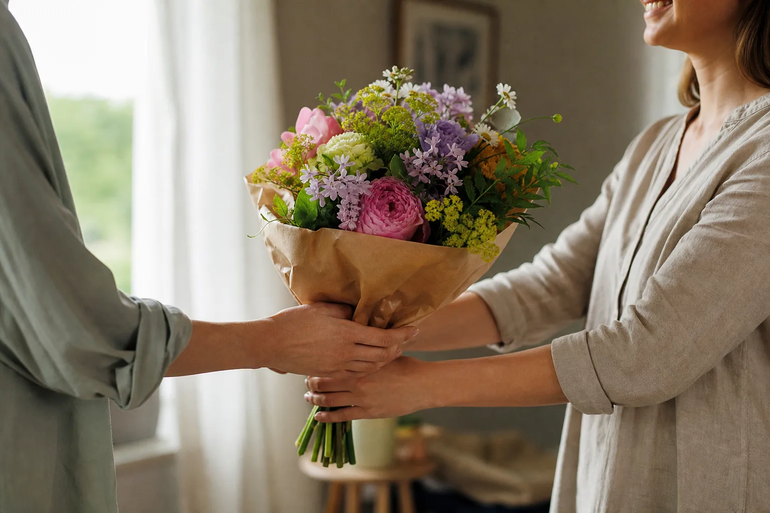 Bukett med blandade snittblommor, uppställd mot en ljus, neutral bakgrund