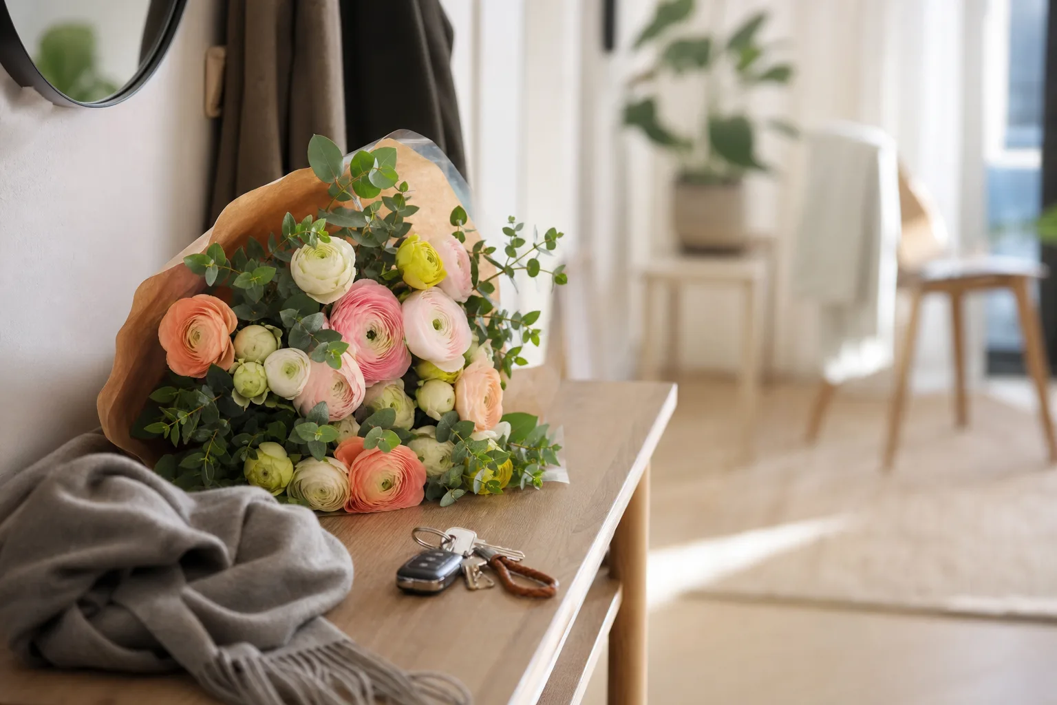 Bukett med blandade snittblommor uppställd på ett bord, redo att hämtas eller köras ut.