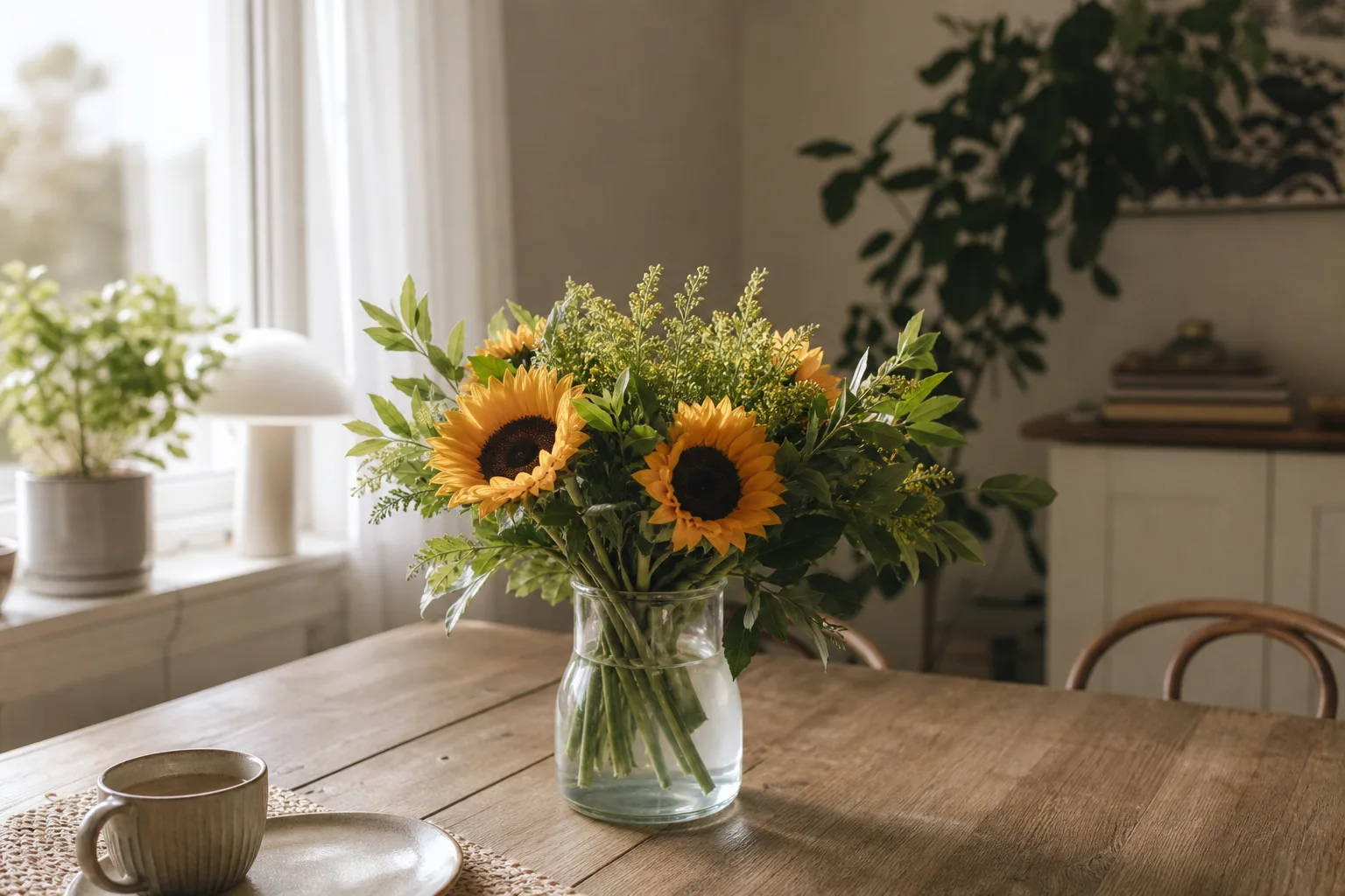 Bukett med säsongens snittblommor uppställd på ett bord inför överlämning