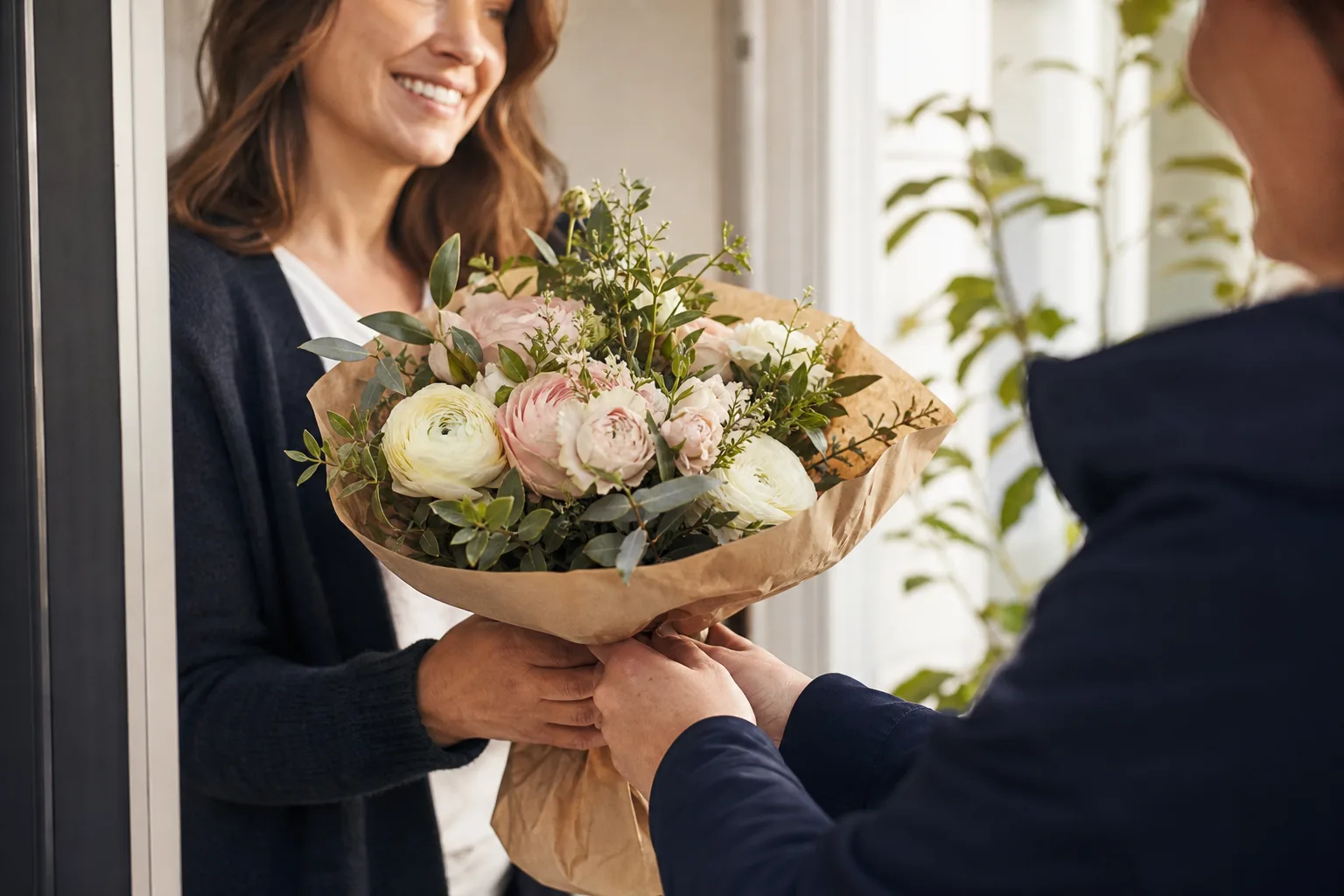 Bukett med blandade snittblommor inslagen i papper.