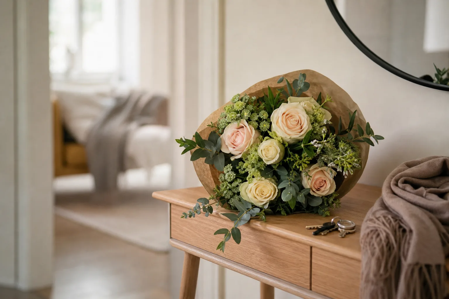 Bukett med säsongsblommor i omslagspapper, redo att bäras ut för leverans