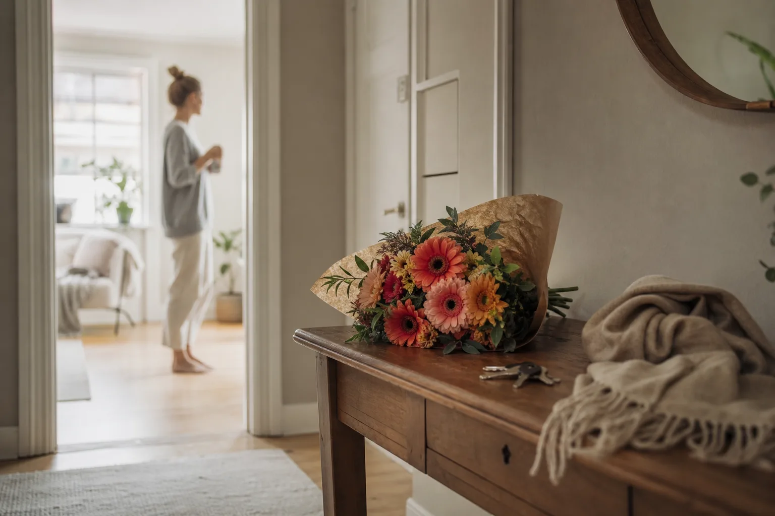 Bukett med blandade snittblommor, fotograferad inför leverans med blombud