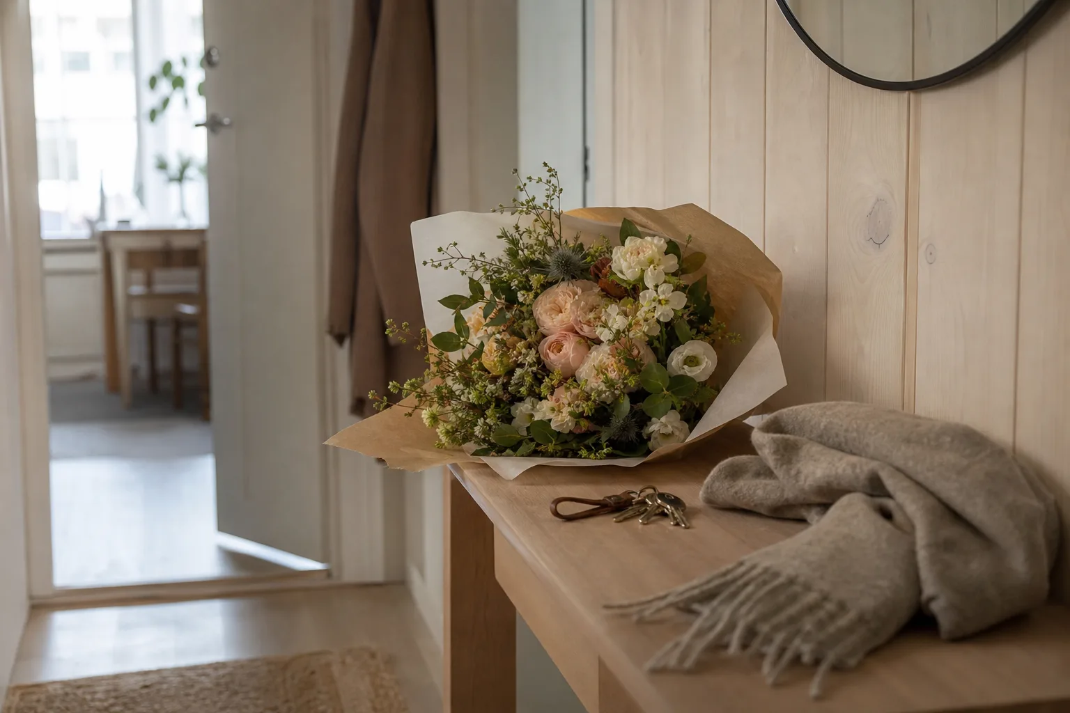 Blomsterbukett i papper redo att lämnas över, ingen synlig plats eller person
