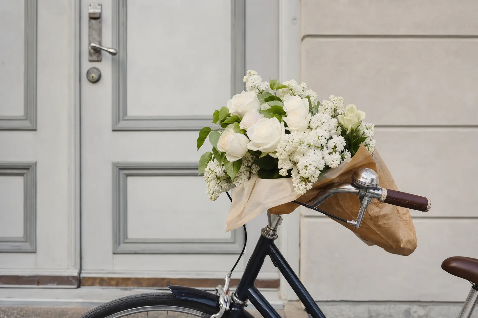 Rund bukett med blandade snittblommor, uppbunden med papper