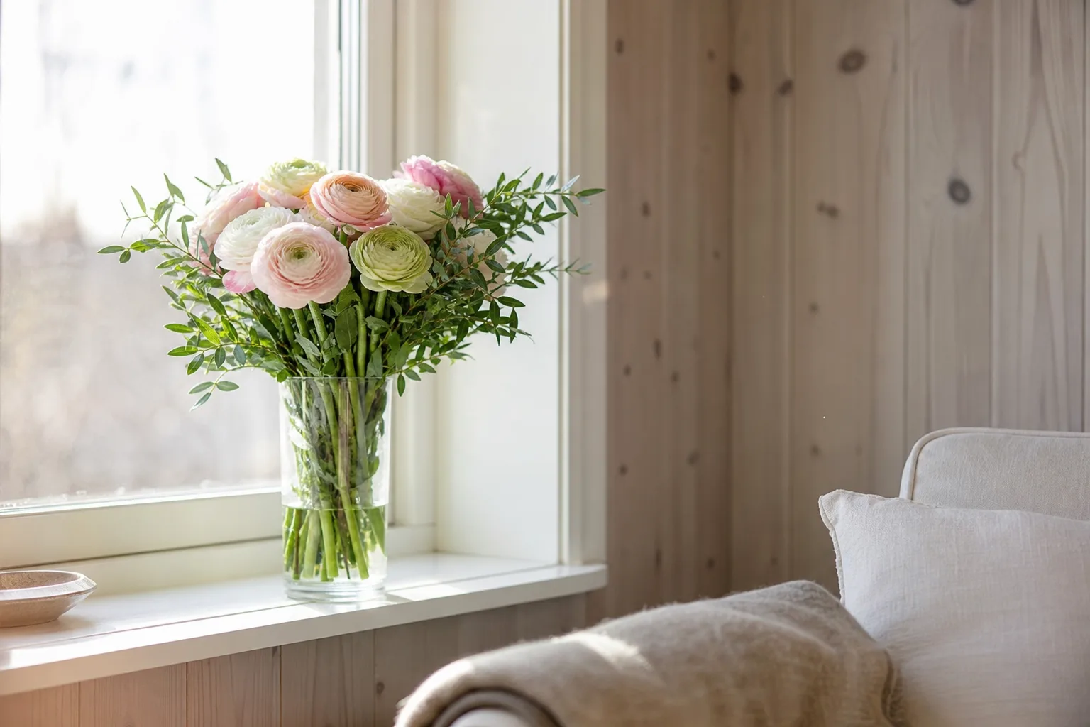 Bukett med snittblommor i papper mot en ljus, neutral bakgrund utan synligt datum eller kort.