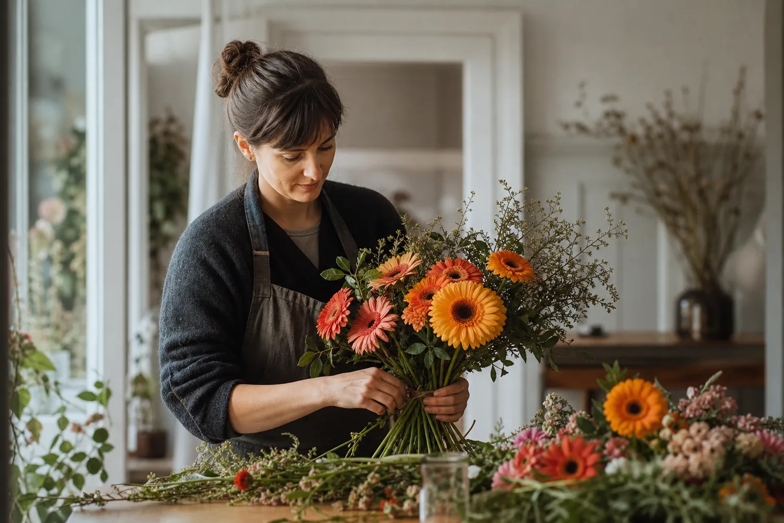 Ljus bukett med säsongsblommor i vas, fotograferad inomhus.