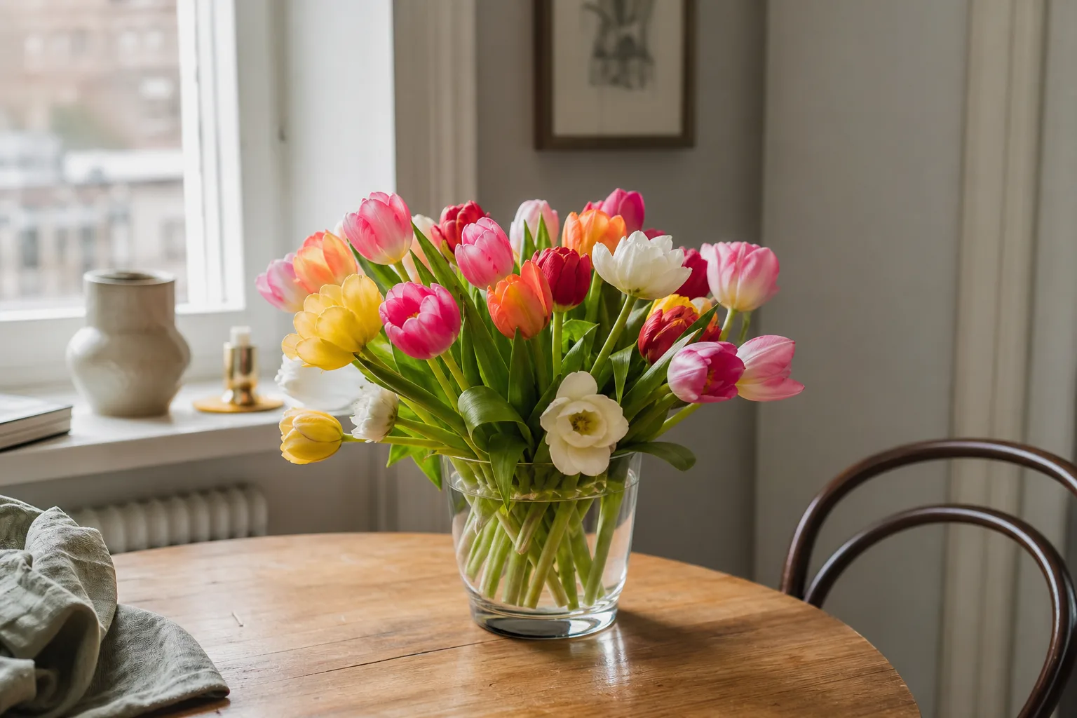 Färgglad bukett med snittblommor, inslagen i papper och redo att skickas