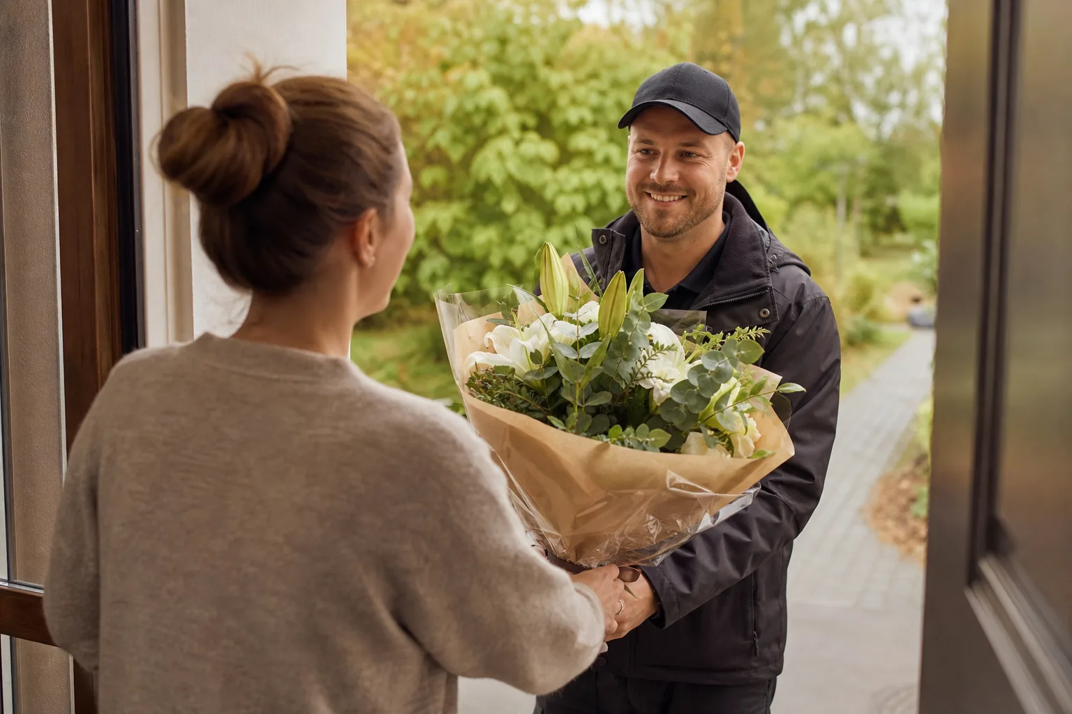 Bukett med blandade snittblommor i vas, fotograferad inomhus i väntan på avhämtning eller bud.