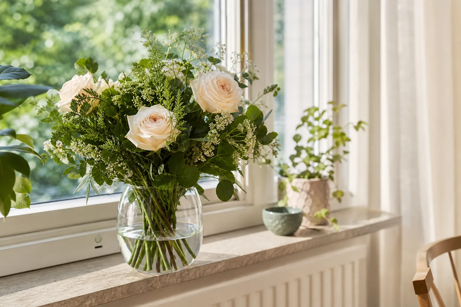 Bukett med snittblommor i papper, redo att skickas som blombud