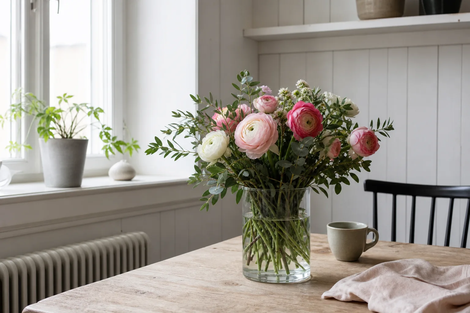 Bukett med säsongens snittblommor i en vas, fotograferad inomhus utan synlig mottagare.
