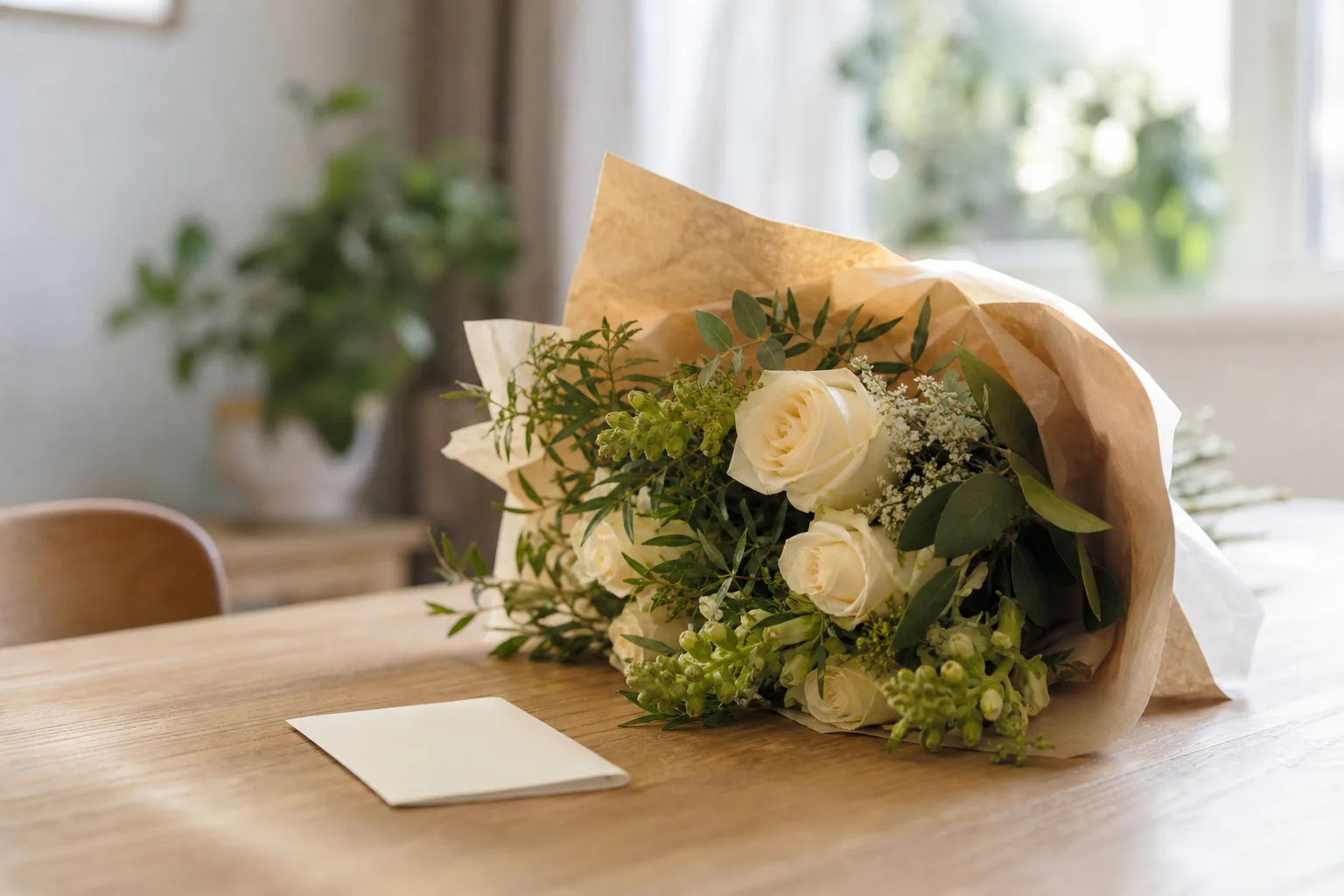 Bukett med snittblommor i papper, redo att lämnas över som blombud.